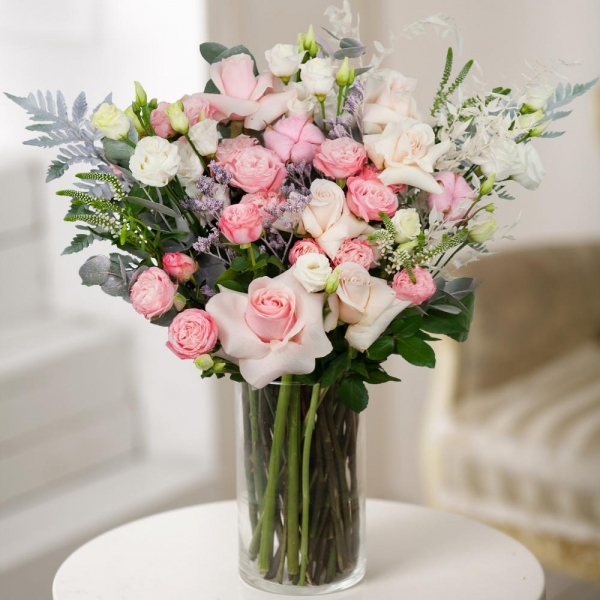 Bright pink spray rose mix, 50 cm - 8, White rose 50 cm - 6, Pink rose 50 cm - 3, lisianthus - 4, Eucalyptus Cinerea, Limonium (1 pc.), Veronica spray, Dried flowers decor, Fern (1 pc.), Cotton bud, Wrapping Paper