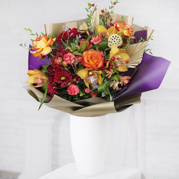 Yellow rose 50 cm - 5, Orchid bud yellow/brown Cymbidium - 6, Alstromeria white, soft pink - 5, Pink spray carnation - 7, Bacardi Red Spray Chrysanthemum - 5, Flask for orchids, Aspidistra (1 pc.), Sedum, Limonium (1 pc.), Eucalyptus parvifolia (1 pc.), Wrapping Paper, Decorative element medium