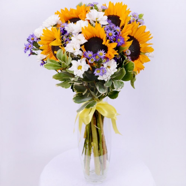Sunflower - 6, Bacardi White Spray Chrysanthemum - 8, Lilac aster - 3, Pittosporum, Ribbon