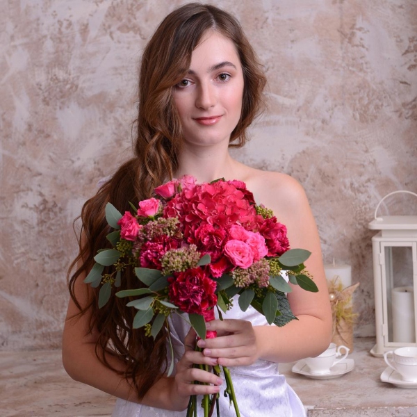 Pink Hydrangea - 2, Pink carnation - 7, Bright pink spray rose mix, 50 cm - 5, Sedum, Eucalyptus parvifolia (1 pc.), Ribbon