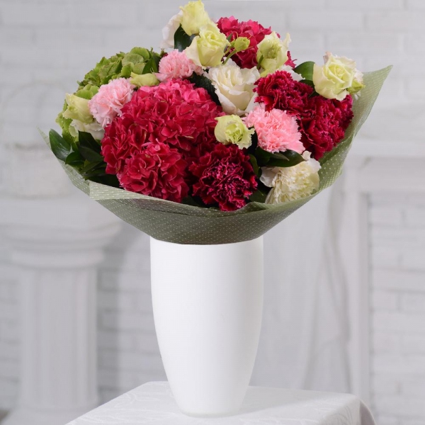 Pink Hydrangea - 3, Carnation red - 7, lisianthus - 4, Pink carnation - 5, Carnation white, cream - 6, Green Hydrangea - 2, Ruscus, Felt, Ribbon