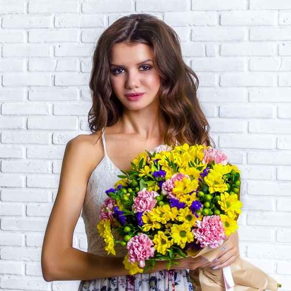 Bacardi Yellow Spray Chrysanthemum - 10, Pink carnation - 11, Blue Statice, Hypericum, Pistachio, Wrapping Paper, Ribbon