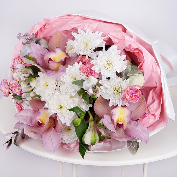 Pink Cymbidium Orchid Bud - 3, Pink spray carnation - 3, Alstromeria white, soft pink - 4, Baltica White Spray Chrysanthemum - 3, Flask for orchids, Eucalyptus Cinerea, Wrapping Paper