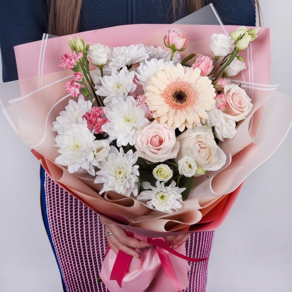 Gerbera pink - 2, Baltica White Spray Chrysanthemum - 3, Spray rose: white, cream, light pink 50 cm - 3, Pink spray carnation - 2, lisianthus - 2, Rose Cream 50 cm - 4, Wrapping Paper