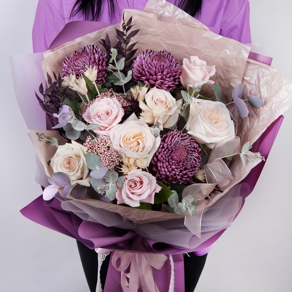 Peony style roses - 3, Rose Powder 50 cm Ecuador (Quicksand, Menta) - 9, Chrysanthemum Bigoudi purple - 4, Ozotamnus, Eucalyptus Cinerea, Dried flowers decor, Wrapping Paper