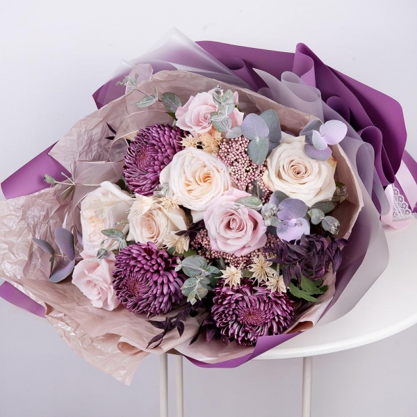 Peony style roses - 3, Rose Powder 50 cm Ecuador (Quicksand, Menta) - 9, Chrysanthemum Bigoudi purple - 4, Ozotamnus, Eucalyptus Cinerea, Dried flowers decor, Wrapping Paper