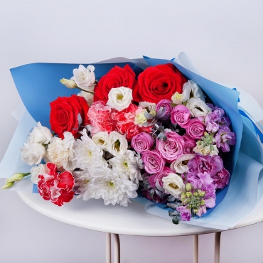 Baltica White Spray Chrysanthemum - 1, Peony sprayrose - 2, Red rose 50 cm - 3, Carnations - 5, Matthiola Lilac - 2, lisianthus - 2, Carnation spray - 1, Pistachio, Wrapping Paper, Ribbon