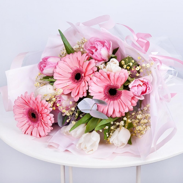 Tulip white - 7, Gerbera pink - 5, Gypsophila - 1, Pink tulip - 7, Eucalyptus Cinerea, Wrapping Paper, Ribbon