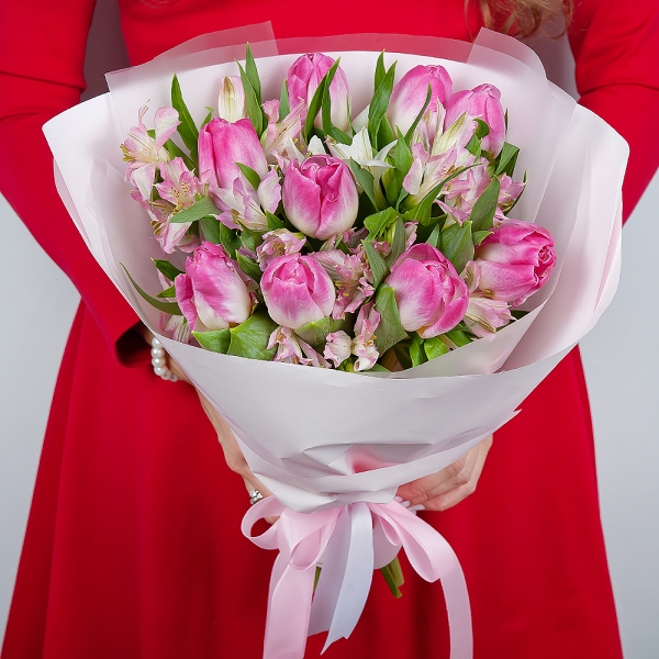 Alstromeria white, soft pink - 9, Pink tulip - 13, Wrapping Paper, Ribbon