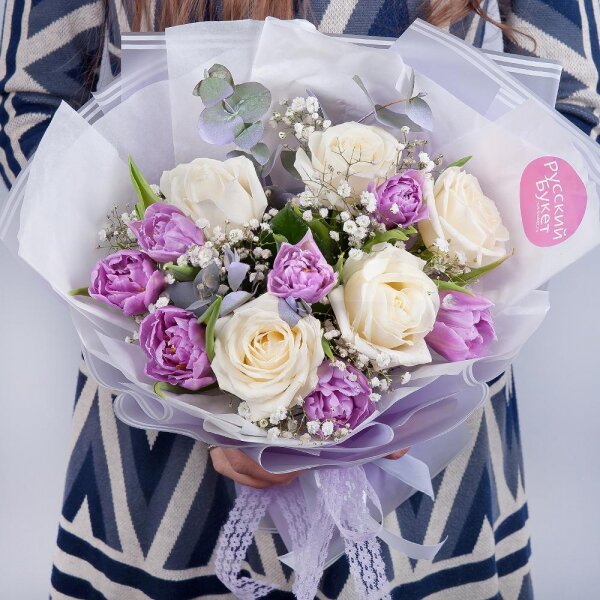 White rose 50 cm - 9, Lilac tulip - 11, Gypsophila - 1, Eucalyptus Cinerea, Wrapping Paper