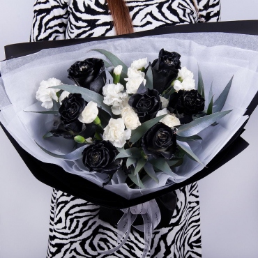 Painted rose - 7, Carnation spray - 6, Eucalyptus, Wrapping Paper, Ribbon