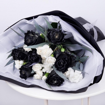 Painted rose - 7, Carnation spray - 6, Eucalyptus, Wrapping Paper, Ribbon