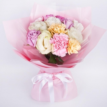 White rose 50 cm - 3, Pink rose 50 cm - 4, Carnations - 6, Wrapping Paper, Ribbon