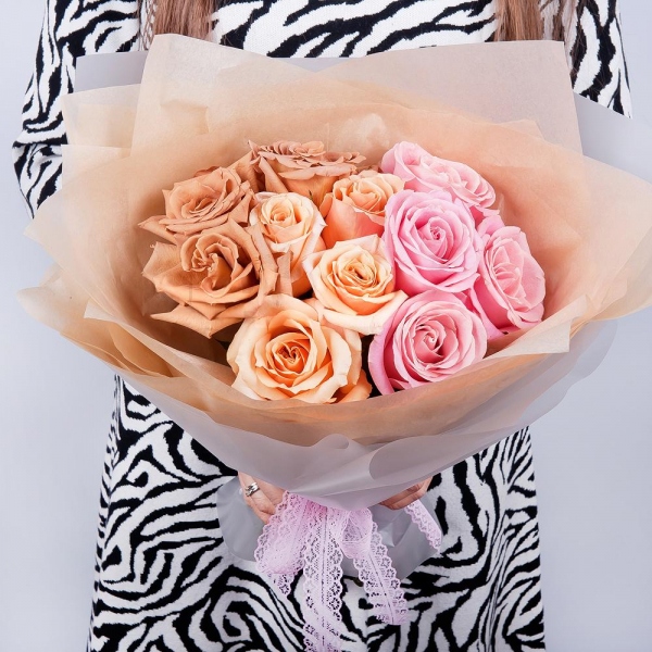 Rose Pink 50 cm Ecuador (Chelo, Hermosa, Novia, Titanik, Engagement, Pink Mondiale) - 6, Rose Cream 50 cm - 6, Роза Тоффи - 5, Wrapping Paper