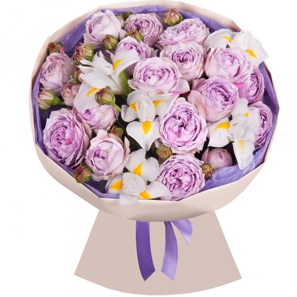 Peony sprayrose - 7, Alstromeria white, soft pink - 8, Wrapping Paper, Ribbon