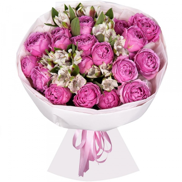 Peony sprayrose - 7, Alstromeria white, soft pink - 8, Wrapping Paper, Ribbon