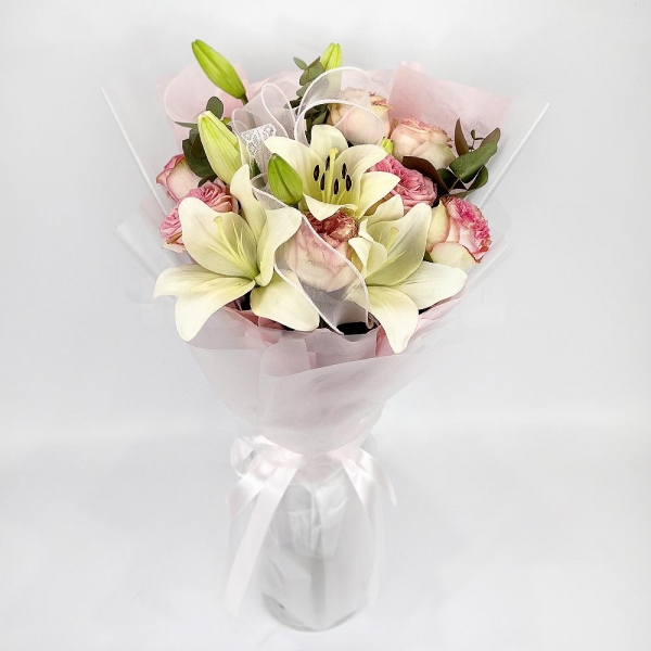Peony style roses - 9, Lilies - 3, Eucalyptus, Wrapping Paper