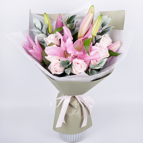 Pink rose 50 cm - 11, Pink lily - 4, Ruscus, Wrapping Paper, Ribbon