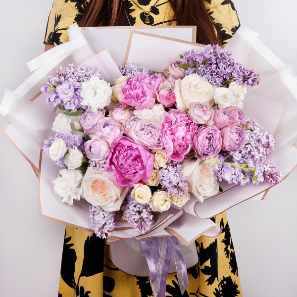 Peony pink - 3, Lilac Bush - 3, Matthiola Lilac - 4, Carnation white, cream - 7, lisianthus - 2, Spray rose: white, cream, light pink 50 cm - 3, Spray peony rose Lavander, 50 cm - 3, Peony style roses - 3, Wrapping Paper