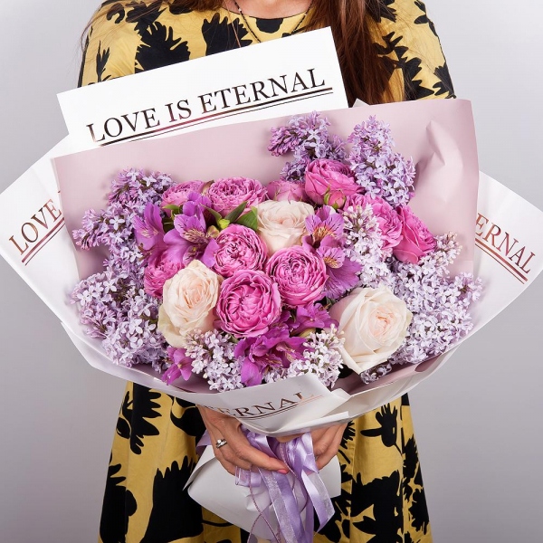 Peony style roses - 5, Alstromeria lilac, purple - 4, Spray peony rose Misty Bubbles, 50 cm - 3, Lilac Bush - 4, Wrapping Paper, Ribbon