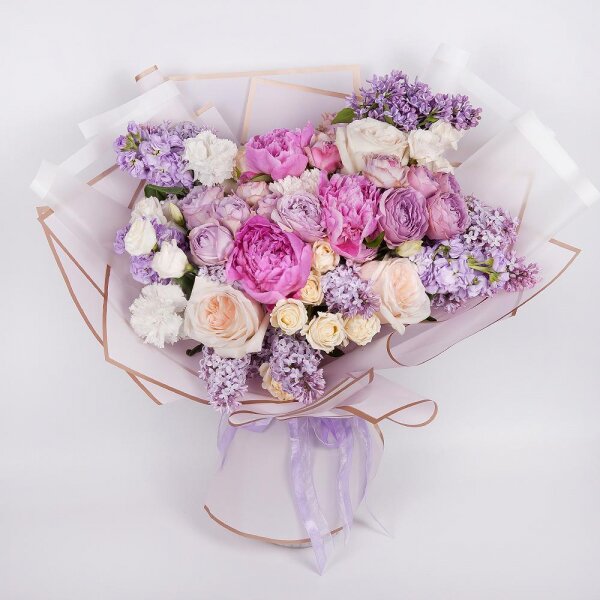 Peony pink - 3, Lilac Bush - 3, Matthiola Lilac - 4, Carnation white, cream - 9, lisianthus - 2, Spray rose: white, cream, light pink 50 cm - 3, Spray peony rose Lavander, 50 cm - 3, Peony style roses - 5, Wrapping Paper