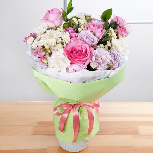 Pink rose 50 cm - 5, Spray peony rose Lavander, 50 cm - 2, Carnation white, cream - 6, Athos poms Stallion - 4, Pink Lisianthus (Eustoma) - 2, Ruscus, Yellow Statice, Wrapping Paper