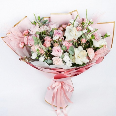 Peony style roses - 5, Spray rose 50 cm (multiple small blooms on a stem) - 4, Carnations - 7, Carnation spray - 4, Baltica White Spray Chrysanthemum - 4, White rose 50 cm Ecuador - 3, Eucalyptus Cinerea, Veronica spray, Waxflower (1 pc.), Wrapping Paper, Ribbon, Dried flowers in assortment
