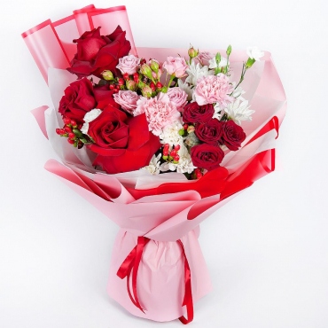 Rose Red 50 cm Ecuador - 3, Spray rose 50 cm (multiple small blooms on a stem) - 3, Carnations - 3, Baltica White Spray Chrysanthemum - 2, Carnation spray - 2, Hypericum, Eucalyptus Cinerea, Wrapping Paper, Ribbon