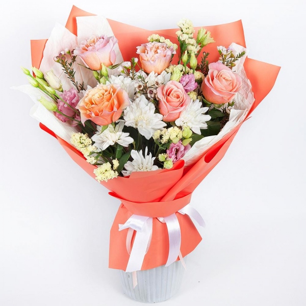 Baltica White Spray Chrysanthemum - 2, Pink Lisianthus (Eustoma) - 2, Peony rose Kahala 50 cm - 9, Waxflower (1 pc.), Yellow Statice, Wrapping Paper