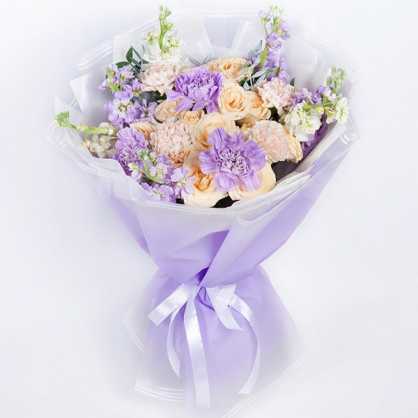 Spray rose: white, cream, light pink 50 cm - 4, Carnation white, cream - 6, Matthiola Lilac - 8, Lilac carnation - 4, Pistachio, Wrapping Paper