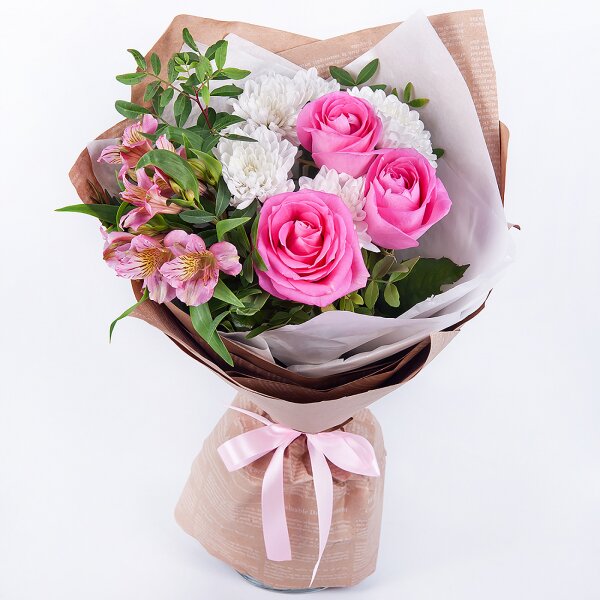 Baltica White Spray Chrysanthemum - 2, Alstromeria white, soft pink - 2, Pink rose 50 cm - 7, Pistachio, Wrapping Paper, Ribbon
