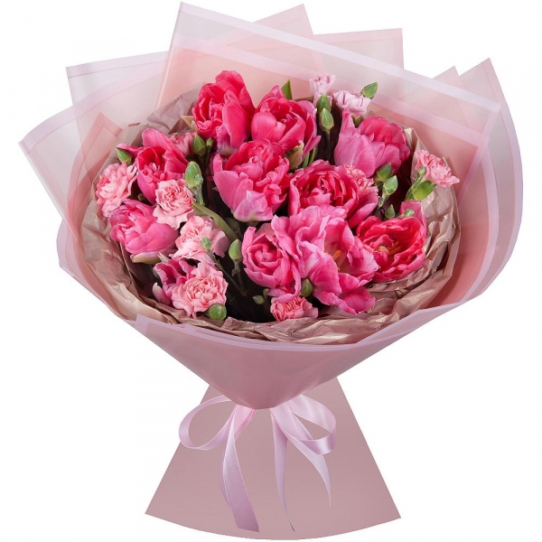 Pink tulip - 15, Pink spray carnation - 7, Wrapping Paper