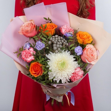 Magnum White Chrysanthemum - 1, Carnations - 3, Peony rose Kahala 50 cm - 2, Multicolor rose 50 cm - 3, Brunia Green Lanuginosa (1 pc.), Pistachio, Wrapping Paper, Ribbon, Pink spray carnation