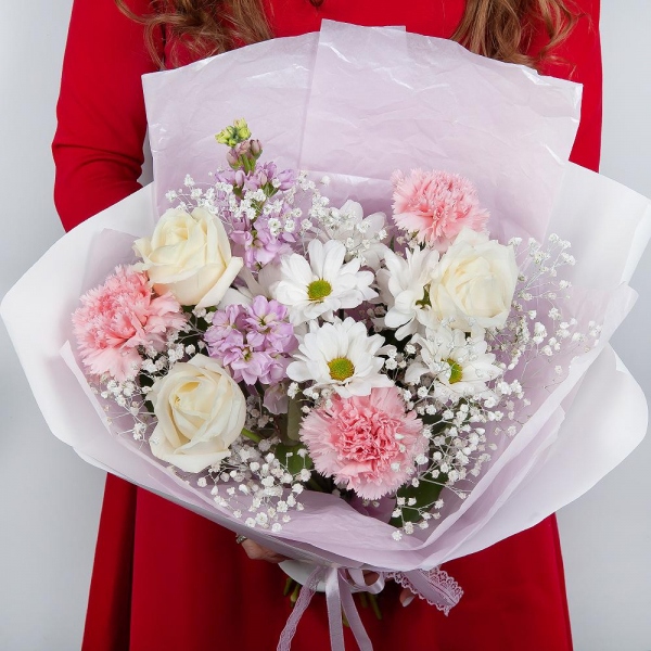 Bacardi White Spray Chrysanthemum - 2, Gypsophila - 1, White rose 50 cm - 3, Pink carnation - 5, Matthiola Lilac - 2, Wrapping Paper