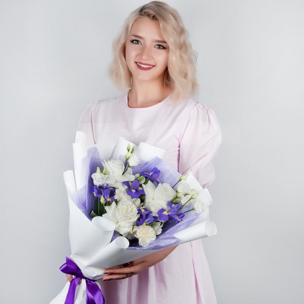 Irises - 6, White rose 50 cm Ecuador - 3, lisianthus - 2, Alstromeria white, soft pink - 3, Carnation white, cream - 4, Wrapping Paper