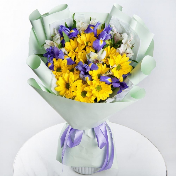 Bacardi Yellow Spray Chrysanthemum - 4, Irises - 7, Alstromeria white, soft pink - 5, Wrapping Paper