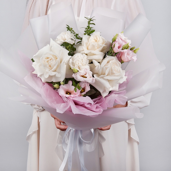 Carnation white, cream - 2, Pink Lisianthus (Eustoma) - 1, White rose 50 cm Ecuador - 3, Pistachio, Wrapping Paper