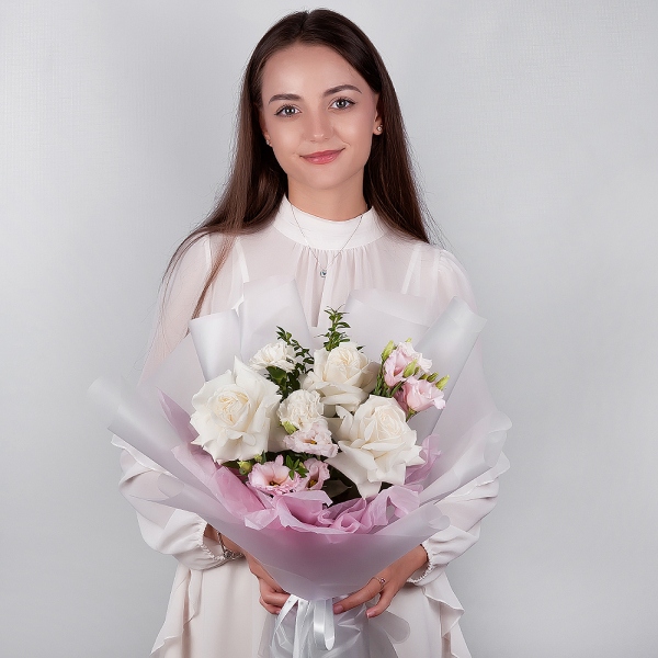 Carnation white, cream - 2, Pink Lisianthus (Eustoma) - 1, White rose 50 cm Ecuador - 3, Pistachio, Wrapping Paper