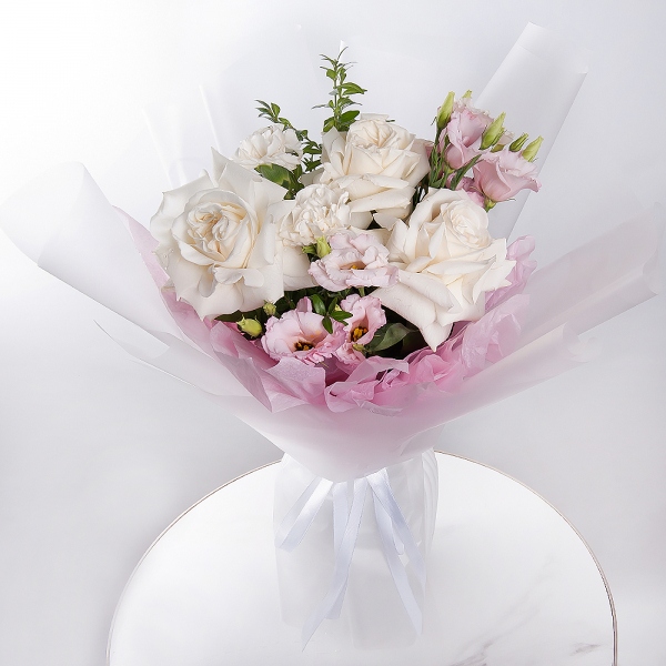 Carnation white, cream - 2, Pink Lisianthus (Eustoma) - 1, White rose 50 cm Ecuador - 3, Pistachio, Wrapping Paper