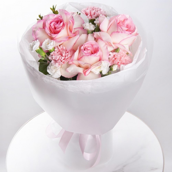 Rose Esperance - 3, Pink carnation - 2, White spray carnation - 5, Wrapping Paper