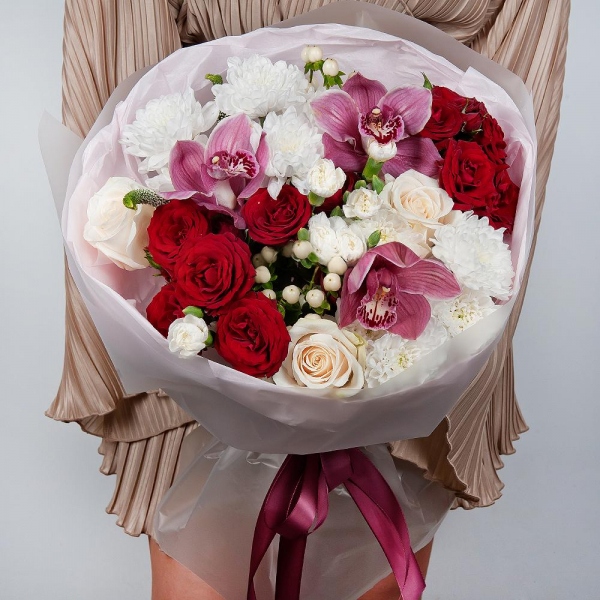 Pink Cymbidium Orchid Bud - 3, Spray rose: red 50 cm - 2, White spray carnation - 3, White rose 50 cm - 3, Baltica White Spray Chrysanthemum - 2, Flask for orchids, Veronica spray, Hypericum, Wrapping Paper