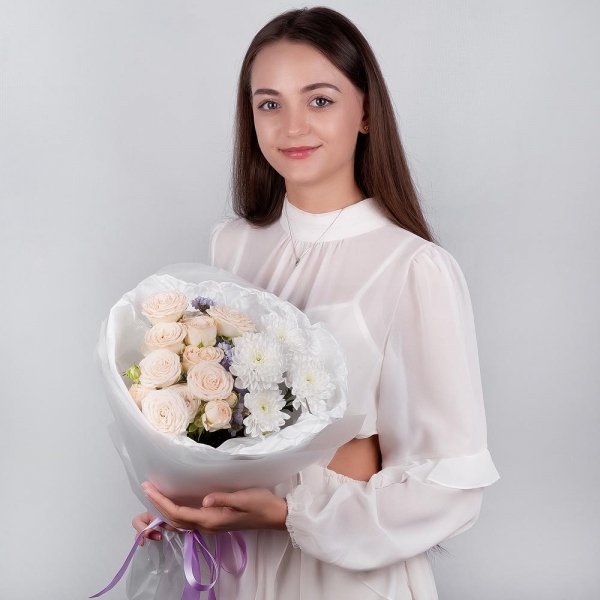 Peony sprayrose - 3, Baltica White Spray Chrysanthemum - 2, Blue Statice, Wrapping Paper
