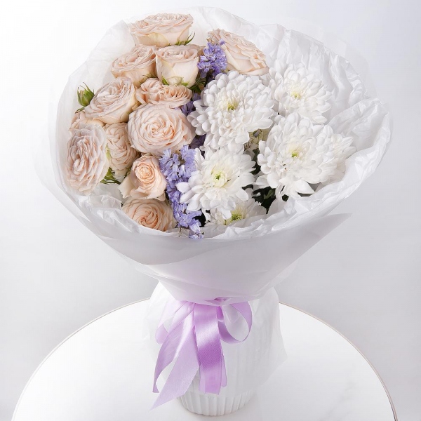 Peony sprayrose - 3, Baltica White Spray Chrysanthemum - 2, Blue Statice, Wrapping Paper