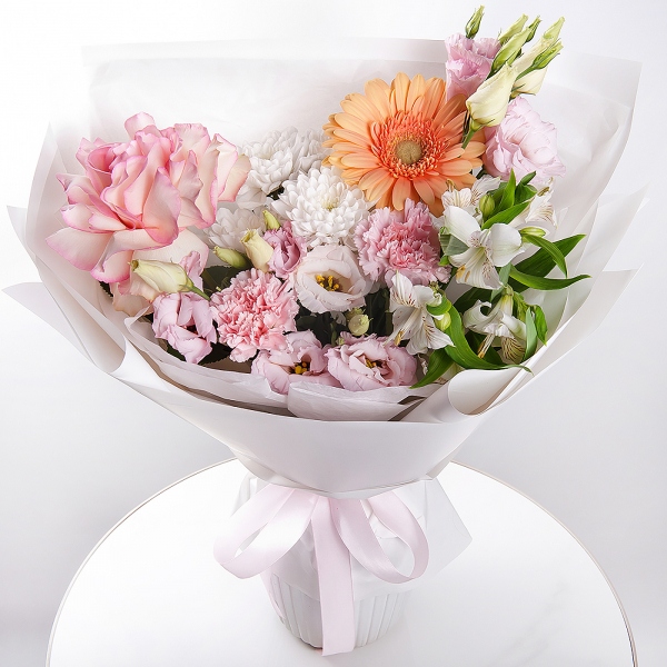 Rose Esperance - 1, Cream gerbera - 1, Baltica White Spray Chrysanthemum - 2, Alstromeria white, soft pink - 3, Pink carnation - 2, Pink Lisianthus (Eustoma) - 2, Wrapping Paper