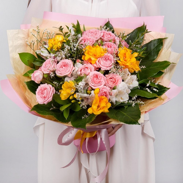 Bright pink spray rose mix, 50 cm - 5, Freesia - 6, Alstromeria white, soft pink - 7, Limonium (1 pc.), Pistachio, Fatsia (1 pc.), Wrapping Paper