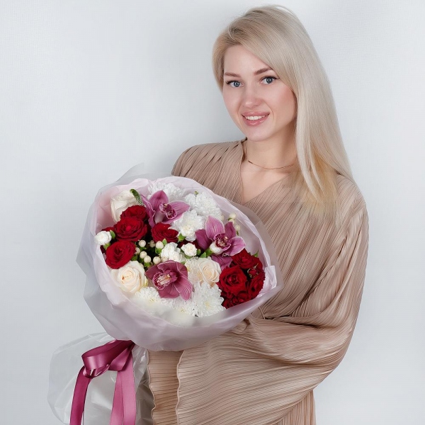 Pink Cymbidium Orchid Bud - 3, Spray rose: red 50 cm - 2, White spray carnation - 6, White rose 50 cm - 5, Baltica White Spray Chrysanthemum - 3, Flask for orchids, Veronica spray, Hypericum, Wrapping Paper