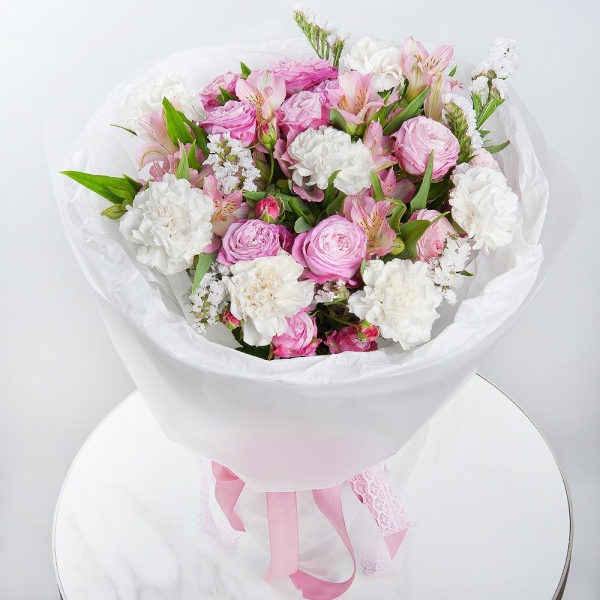 Spray peony rose Misty Bubbles, 50 cm - 4, Carnation white, cream - 11, Alstromeria white, soft pink - 8, White statice, Wrapping Paper