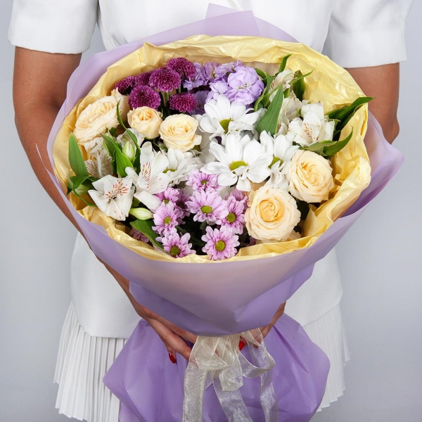 Bacardi White Spray Chrysanthemum - 1, Daisy poms Santini pink, purple - 1, Alstromeria white, soft pink - 5, Matthiola Lilac - 1, Spray rose: white, cream, light pink 50 cm - 2, Spray Chrysanthemum Newton purple - 1, Wrapping Paper