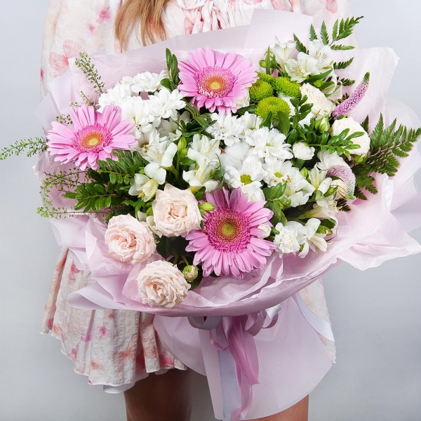 Gerbera pink - 3, Peony sprayrose - 2, Bacardi White Spray Chrysanthemum - 3, White spray carnation - 5, Alstromeria white, soft pink - 5, Veronica spray, Pistachio, Green bell (1 pc.), Fern (1 pc.), Wrapping Paper