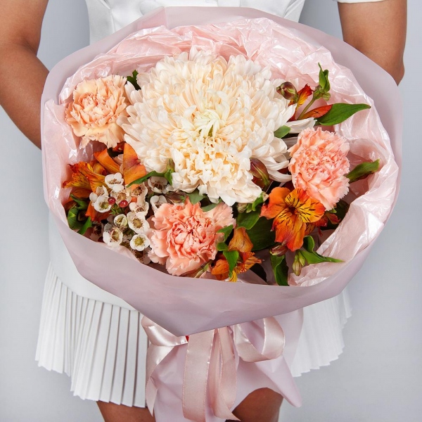Magnum White Chrysanthemum - 1, Pink carnation - 7, Alstromeria Yellow, Orange - 3, Waxflower (1 pc.), Wrapping Paper